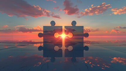 Two Puzzle Pieces Connecting at Sunset with Reflective Sky and Clouds