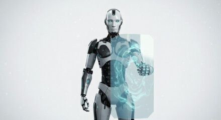Naklejka premium Conceptual image of a sophisticated android with a translucent digital body, representing the fusion of man and machine