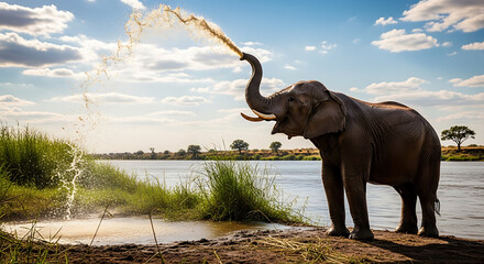 Obraz premium African Elephant Spraying Water from its Trunk by a River under a Blue Sky