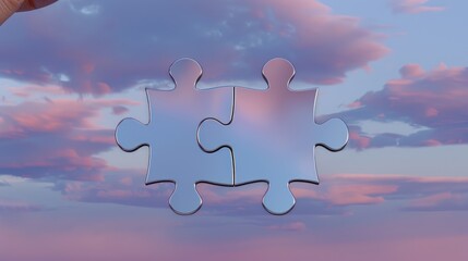 Two Puzzle Pieces Floating in Sky with Pink and Blue Clouds