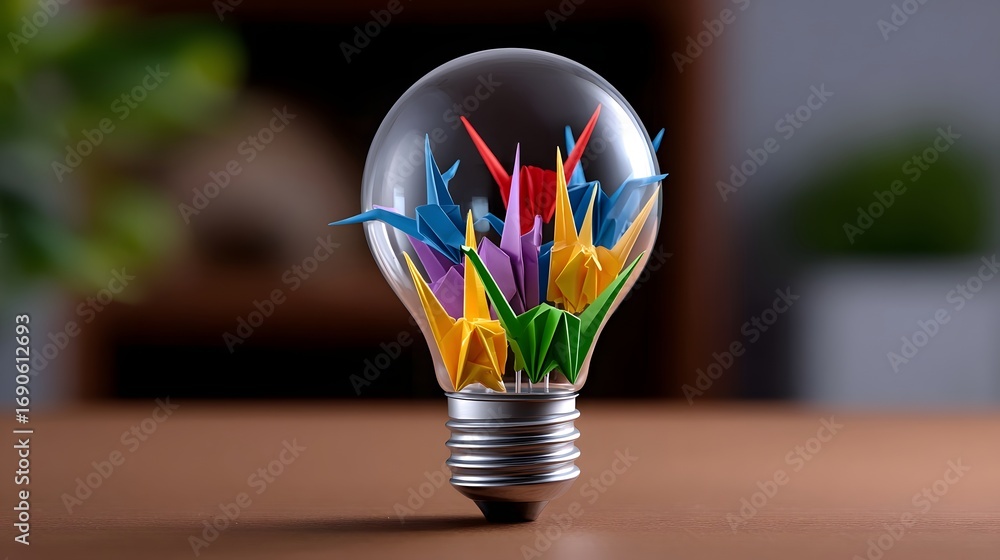 Poster a glass light bulb filled with vibrant, multicolored shapes, creating an abstract and creative displ