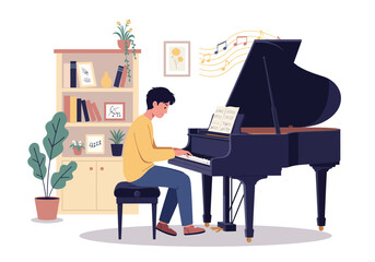 Young Man Playing Grand Piano with Sheet Music in Room
