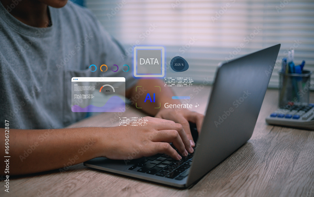 Aufkleber concepts of artificial intelligence virtual assistant, person typing on laptop with ai assistant cha