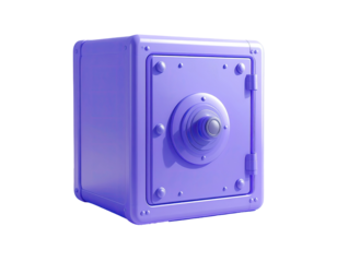 A vibrant, stylized, 3D rendered, purple safe, detailed with metal hardware