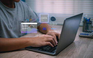 Concepts of artificial intelligence virtual assistant, person typing on laptop with AI assistant chatbot icons generate data information digital interface learning modern technology at home