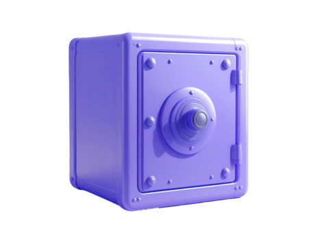 A vibrant, stylized, 3D rendered,  purple safe, detailed with metal hardware