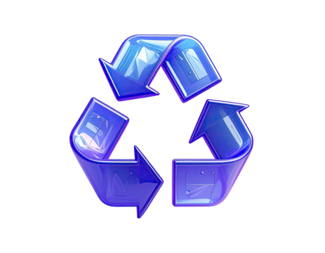 Glossy, vibrant purple-blue recycling symbol, three-dimensional arrows in a circular pattern