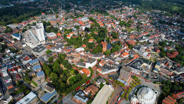 Aerial panorama of the downtown of the city Itzehoe in Germany on a sunny summer day.