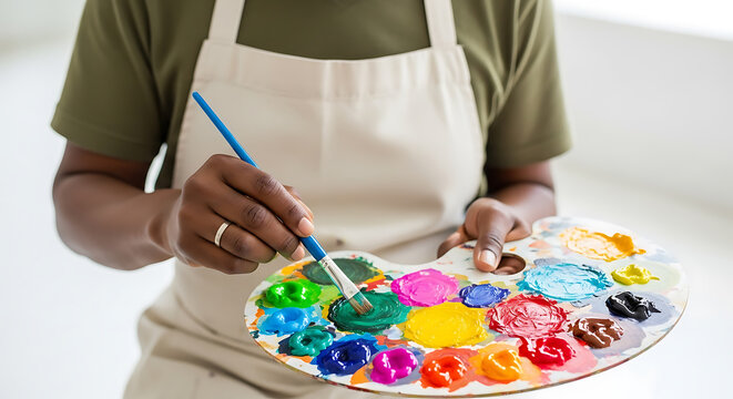Artist's hands mixing green paint on a vibrant color palette