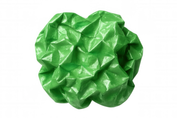 Crumpled green glossy paper ball symbolizing recycling, brainstorming, creative process against transparent backdrop