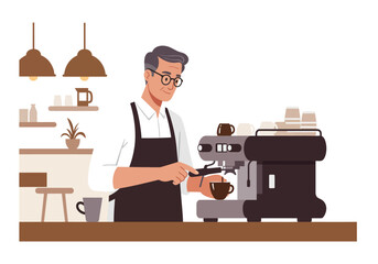 Barista Making Coffee with Espresso Machine in Cafe