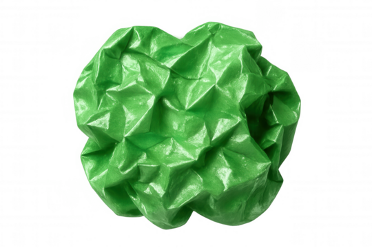 Crumpled green glossy paper ball symbolizing recycling, brainstorming, creative process against transparent backdrop