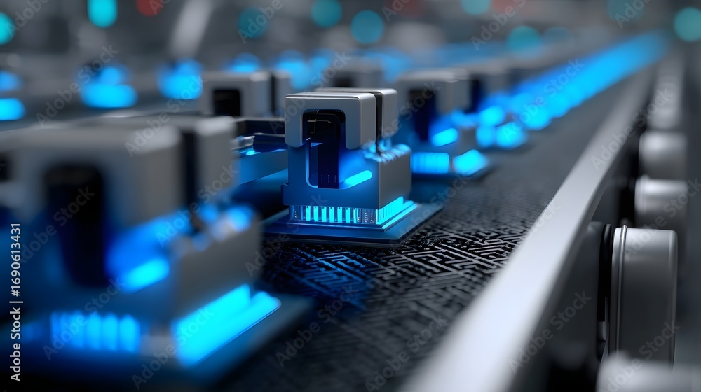 Poster close-up view of a professional digital audio mixer control panel with various illuminated knobs, sl