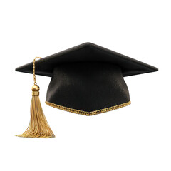 Elegant graduation cap with shiny golden tassel on transparent background