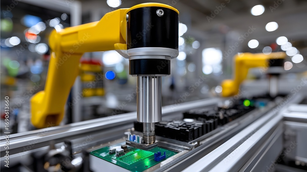 Poster a yellow robotic arm performing precise automated tasks in a high-tech industrial manufacturing envi