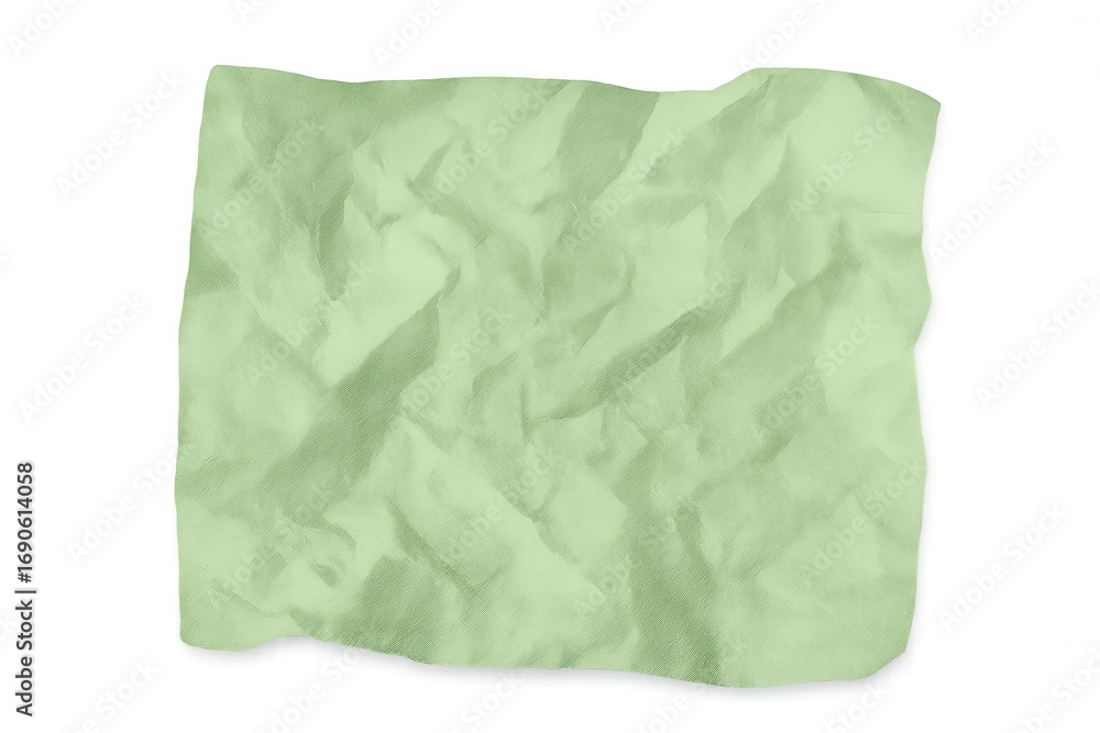 Poster crumpled green paper sheet displaying textured wrinkles, fading toward transparent background