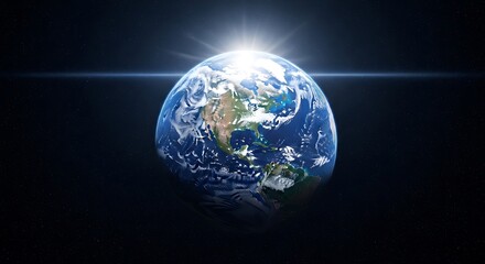 Fototapeta premium Majestic planet earth glowing brightly in outer space with starfield and lens flare