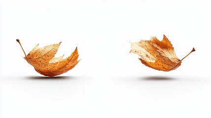 Two dried, brown leaves float against a stark white background, seemingly suspended in mid-air.  Their delicate, curled forms suggest the passage of time and the beauty of autumn