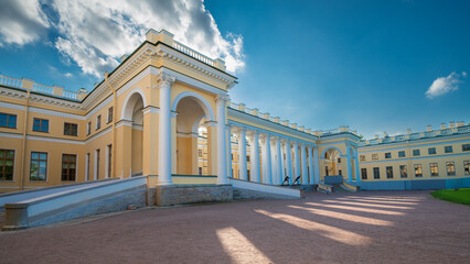 Facade of the Imperial Alexander Palace in Tsarskoe Selo, Pushkin, St. Petersburg, Russia.