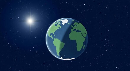 Fototapeta premium Vibrant earth planet illuminated by bright sun in deep space with starry background and moon visible