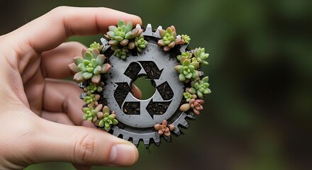 Hand holding a gear with succulents and recycling symbol, symbolizing sustainability and eco-friendly industry