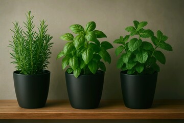Obraz premium Fresh Green Basil and Herb Plants in Pots