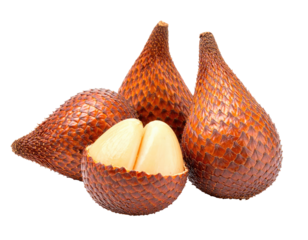 Close-up of three salak fruit, one halved, displaying a light beige interior
