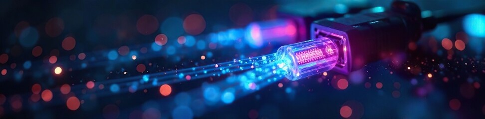 High-speed internet access symbolized by fiber optic cables glowing brightly against a dark background, representing the power and speed of broadband technology , web, broadband network