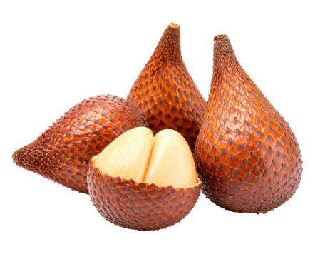 Close-up of three salak fruit, one halved, displaying a light beige interior