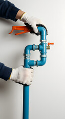 Man securing blue water pipe with clamps using tools in studio  