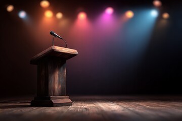Elegant dark wood podium with microphone on stage, illuminated with colorful spotlights, concept for public speaking event, political campaign and theatrical performance