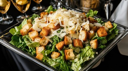 Fresh Caesar salad with croutons & parmesan, ready to serve. Champagne flutes blurred in background