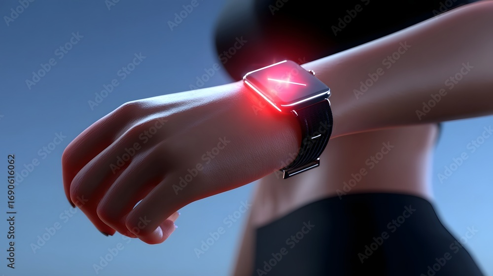 Poster closeup view of a sleek, modern smartwatch with a digital display and led indicator light on a perso