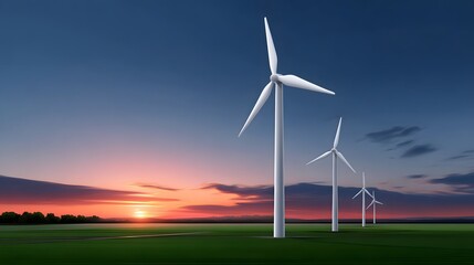 Obraz premium Rows of wind turbines standing tall in a rural countryside setting, their blades silhouetted against a backdrop of a vibrant, colorful sunset sky.