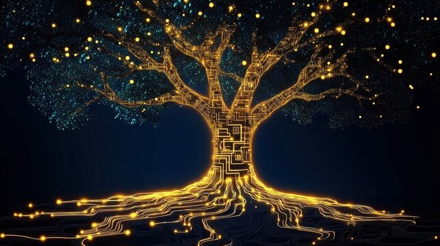 Digital Tree with Glowing Lines and Lights