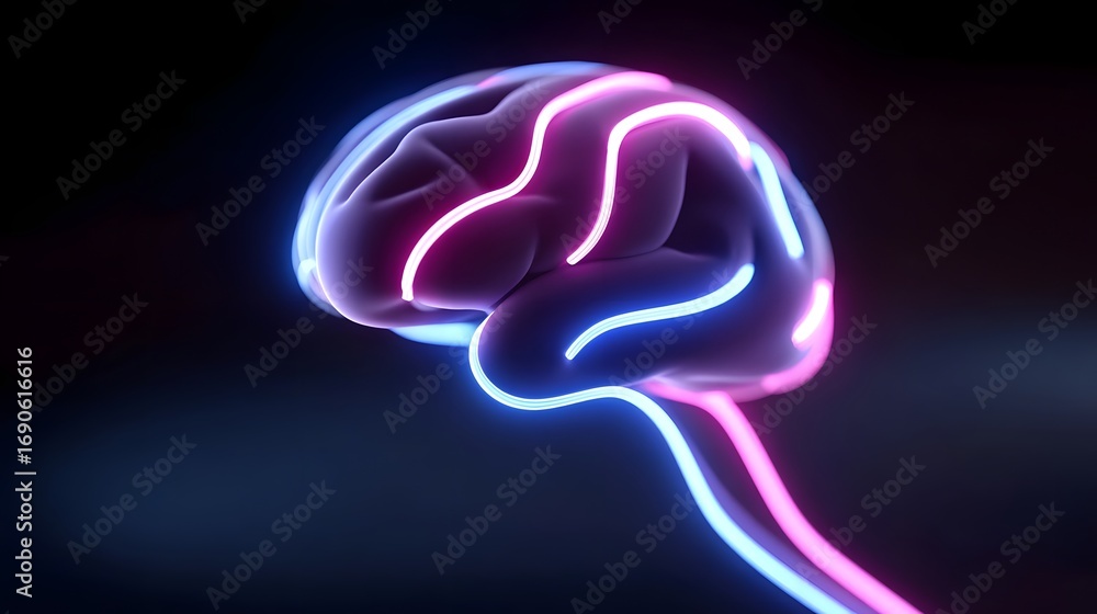 Poster glowing neon visualization of the human brain's complex neural structure and cognitive functions