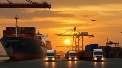 Global logistics network concept showing a container ship, trucks, and airplane at an industrial port during a beautiful sunset. - Powered by Adobe