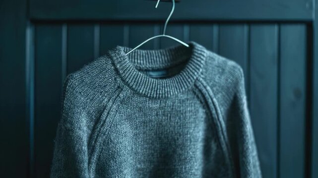 A single sweater hung up to keep it clean and organized, useful for laundry day or storing away out-of-season clothing