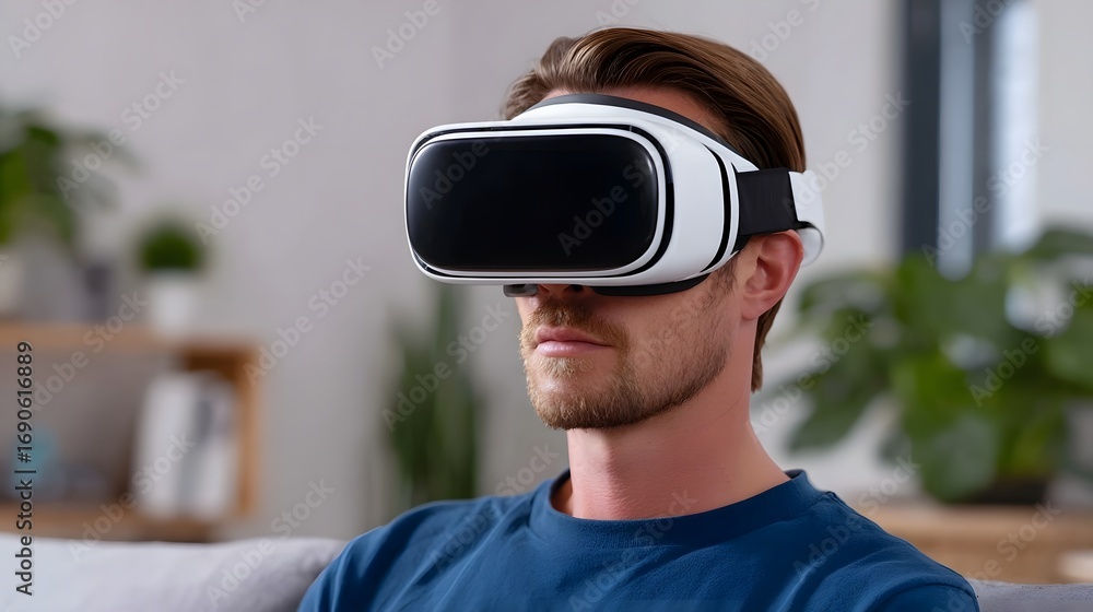 Poster young man engrossed in a virtual reality experience while using a vr headset in a home setting
