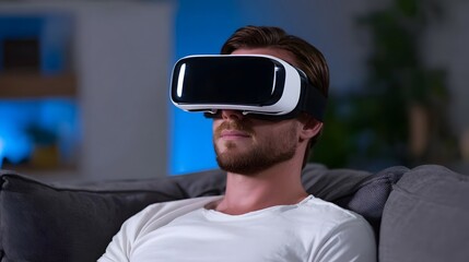 A man immersed in a virtual reality experience, wearing a VR headset while relaxing on a comfortable sofa in a modern living space.