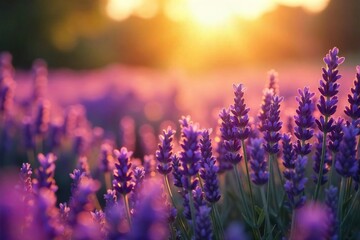 Naklejka premium Golden hour sunlight bathes a field of lavender, creating a dreamy, hazy, and romantic atmosphere Perfect for relaxation, spa, and beauty themes , fragrance, light, floral