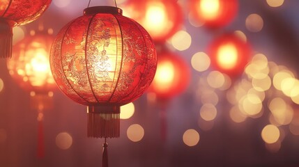 Glowing red lanterns adorned with intricate designs illuminate a festive, bokeh-filled background