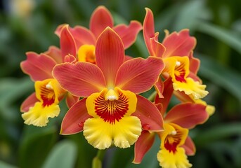 Vibrant orange-red and yellow orchids in a close-up display, showcasing delicate petals and intricate details.