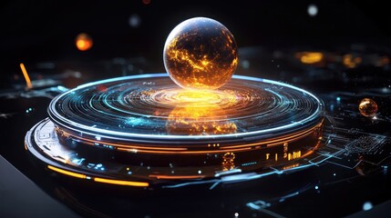 Glowing spherical object atop a digital platform, with orbiting energy rings. Dark futuristic design