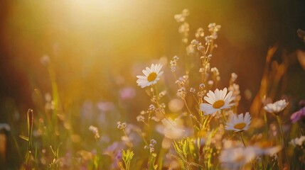 Golden hour sunlight bathes wildflowers in a field; vibrant colors and soft focus