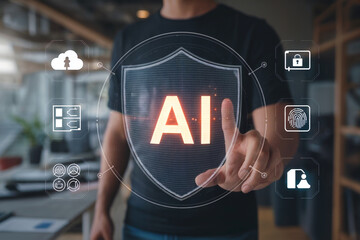 AI glows in a digital shield. The hand pushes an orange-lit AI button. Great for tech, cybersecurity, presentations, or technology branding.