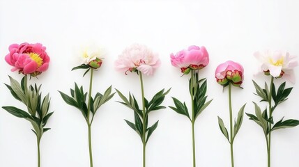 Obraz premium Row of Colorful Peony Flowers on White Background