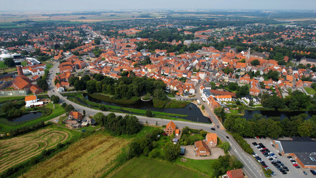 Aerial panorama of the downtown of the city Tonder in Denmark on a sunny summer day.