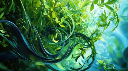 Lush, abstract swirls of green leaves and vines with a soft blue background, capturing nature's essence