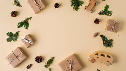 Festive christmas flat lay with gift boxes, pine cones, and evergreen branches arranged in a circle on a beige background